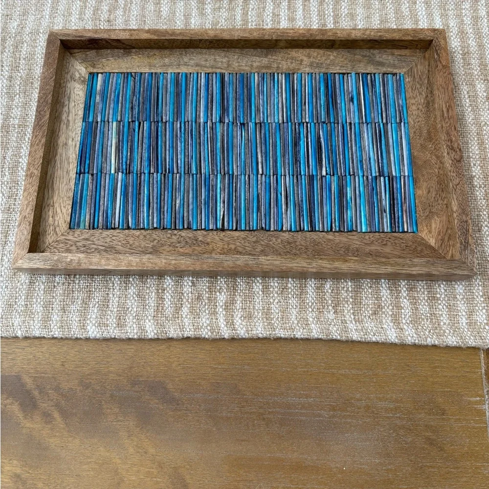 Wooden Tray with Blue Striped Design